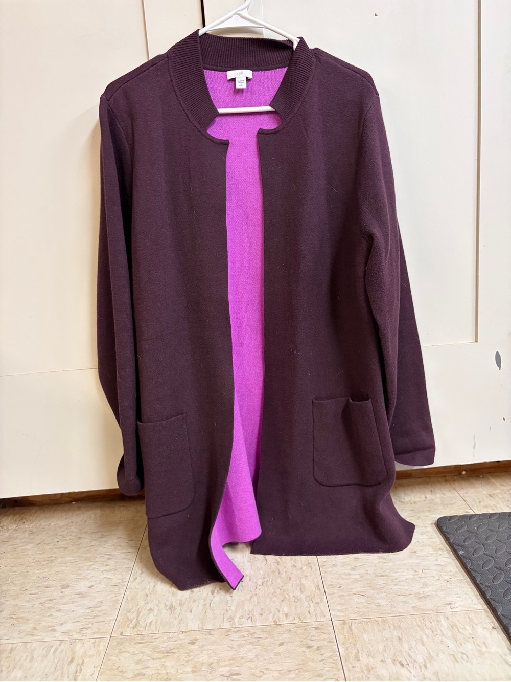 Jill Women’s Reversible Open-Front Coatigan in Plum with Magenta Trim
